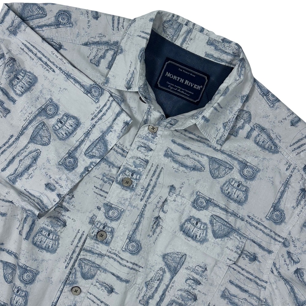 Fly Fishing Button Up Shirt Trout Rod Reel Camp Shirt Men's Large Cotton Outdoor